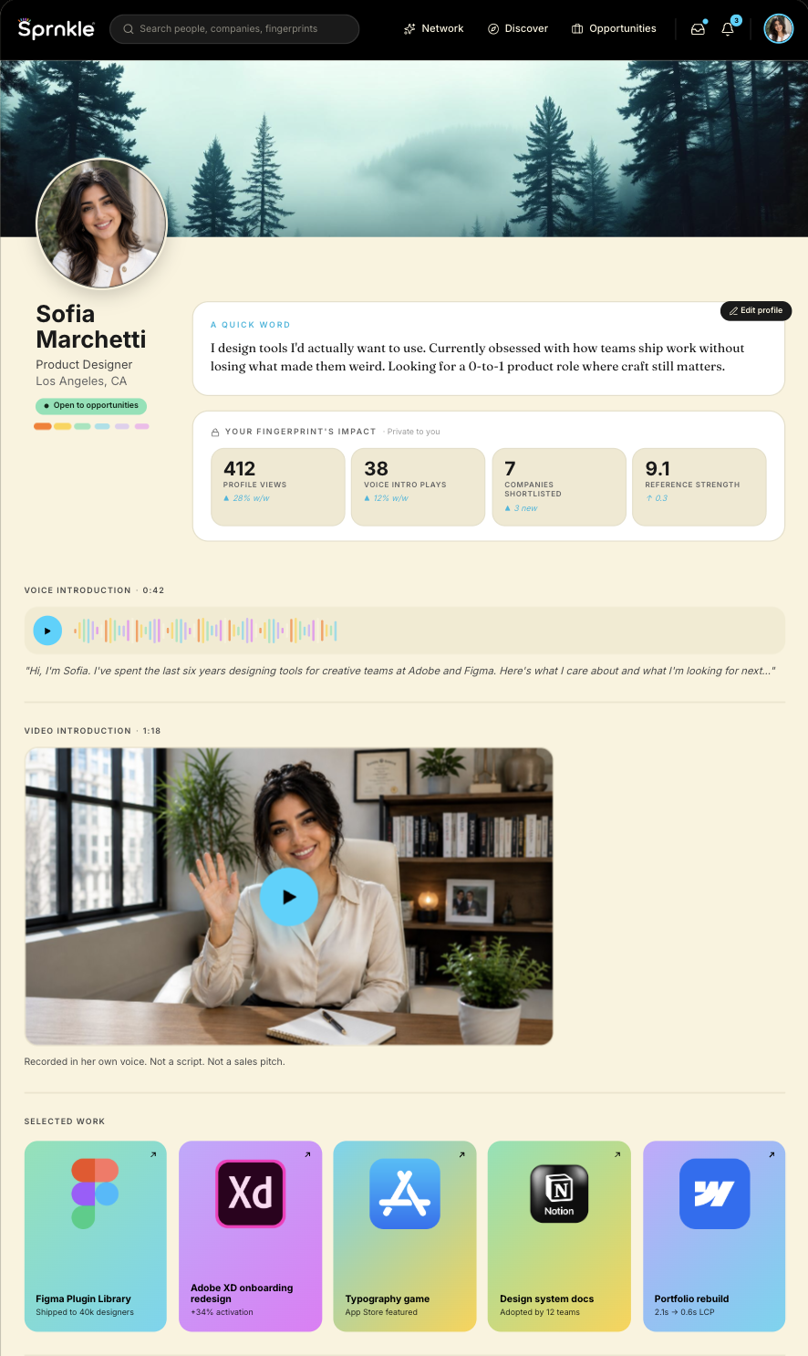 Sprnkle Living Profile showing profile header, a quick word, voice introduction, video introduction and selected work.