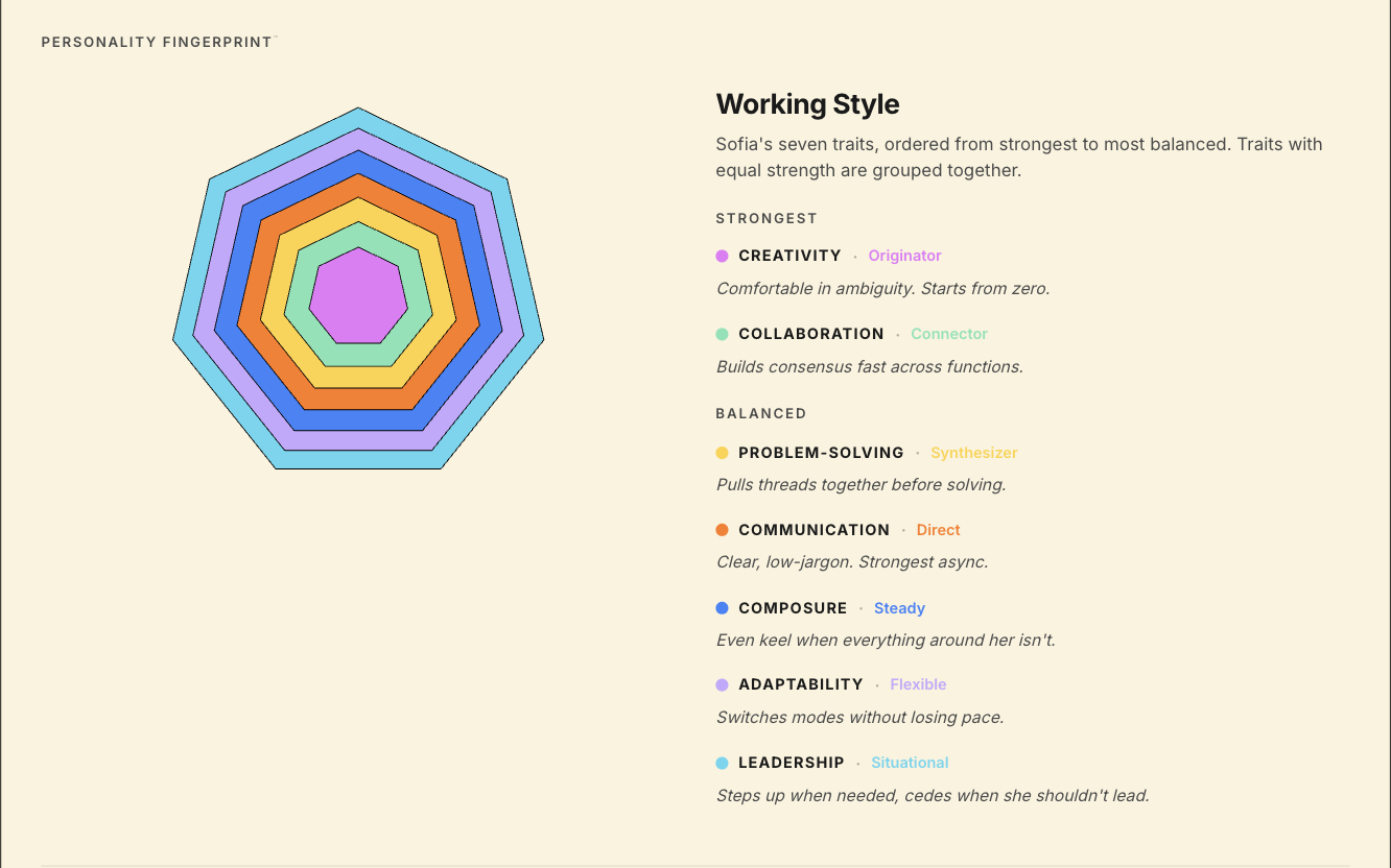 Sprnkle Personality Fingerprint showing seven traits and a written working-style summary.