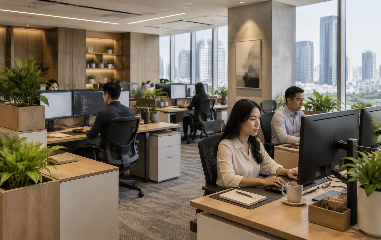 Workstations and daylight inside a managed Taskflow office