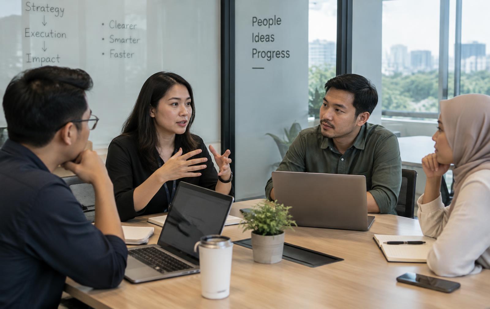 A small team meeting in a Taskflow office meeting room